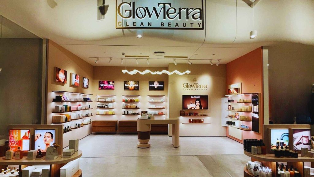 GlowTerra Clean Beauty store interior displaying curated clean skincare, haircare, and makeup brands
